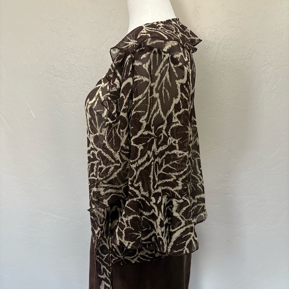 NWT 90s Sheer Floral Ruffle Tie Blouse Brown Beige | Versailles PM - Picture 8 of 12